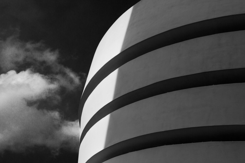 A black and white photo of the Guggenheim Museum in New York City