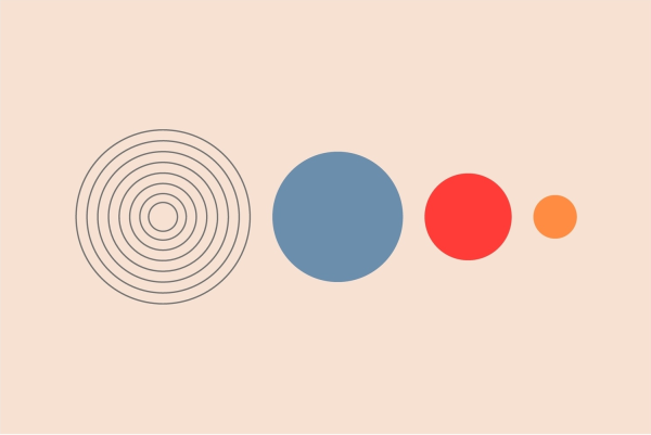 Abstract minimalist circles in blue, red, and orange.
