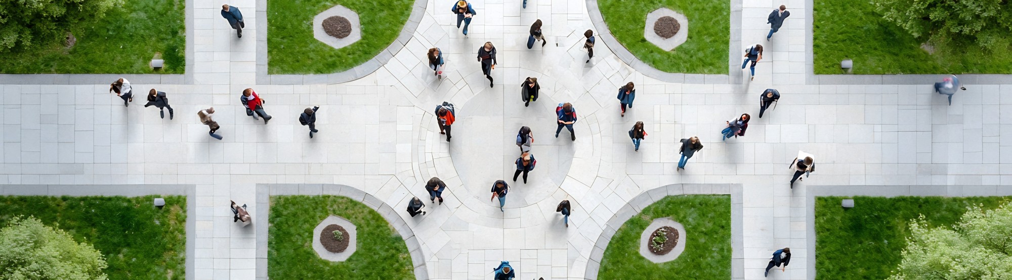 Aerial view of students walking on a campus.