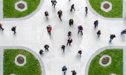 An aerial view of students on a college campus.