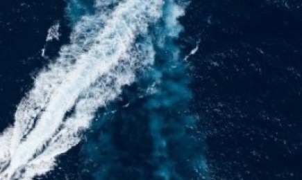 An aerial view of rough ocean.