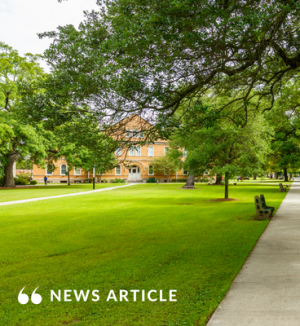 College campus green on a summer day.
