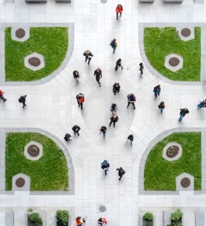 An aerial view of students on a college campus.